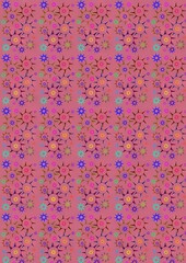 Colorful floral pattern on pink background with orange and purple flowers  