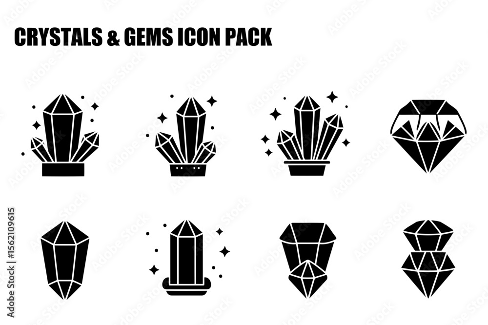 Poster crystal and gem icons in a collection of black and white vector graphics. various crystal formations