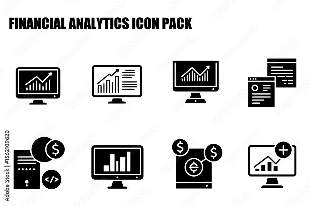 Poster financial analytics icons depicting various data visualization tools.