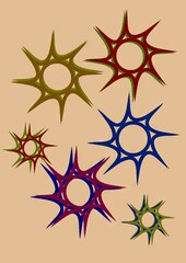 Colorful abstract star shapes on a soft beige background  