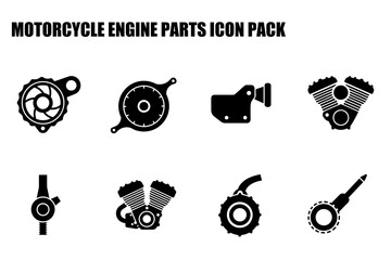 Motorcycle engine parts icon set in a simple, clean graphic design. Silhouette illustrations of various motorcycle engine components, including a gear, pulley, engine, and valve.