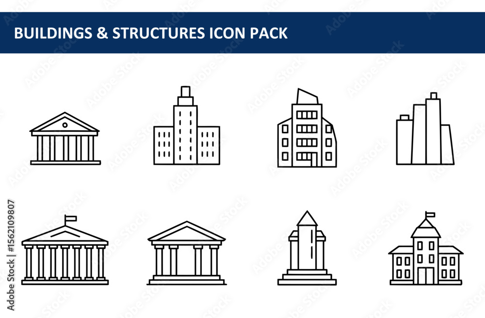 Poster building icons in various architectural styles. simple, clean line drawings of buildings of differen