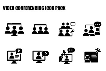 Video conferencing icon pack depicting various video conference scenarios in a simple, clean design. Diverse groups in a virtual meeting setting.