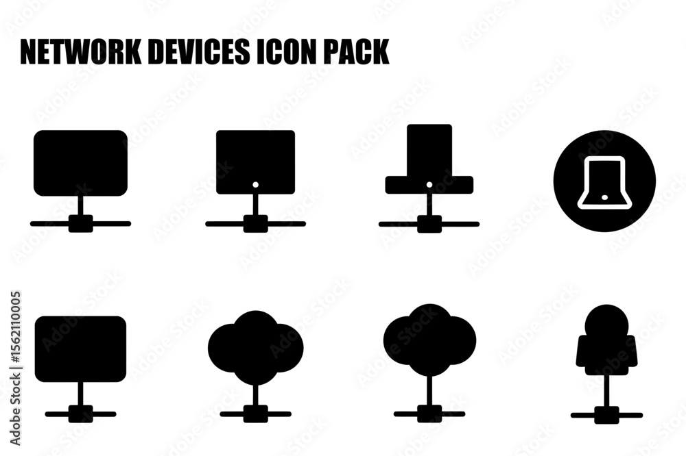Poster network devices icons, various types in flat design. simple, black and white computer network icons 