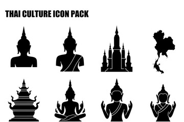 Thai culture icon pack featuring diverse religious figures and landmarks. Silhouettes of Buddha statues in various poses and a Buddhist temple with a map of Thailand.