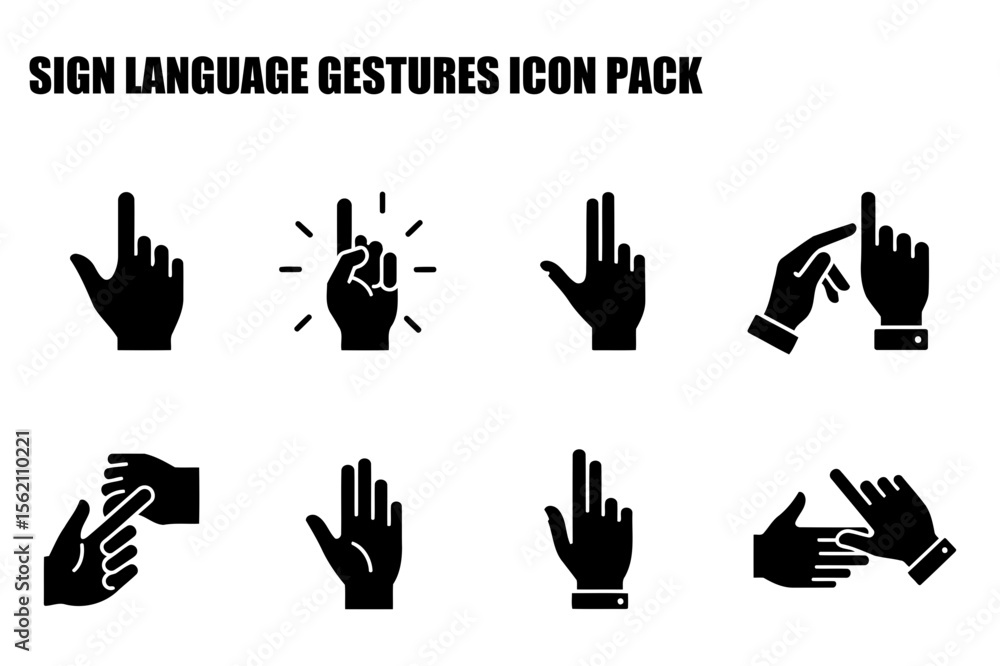Poster sign language gestures icons in various poses against a plain white background. diverse hand positio