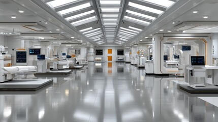 Fototapeta premium A sleek space station interior features advanced medical equipment and stunning views of the outer atmosphere through a big window