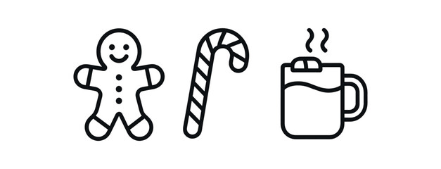 Fototapeta premium Black and white holiday icons: gingerbread, candy cane, hot beverage vector icon isolated illustration