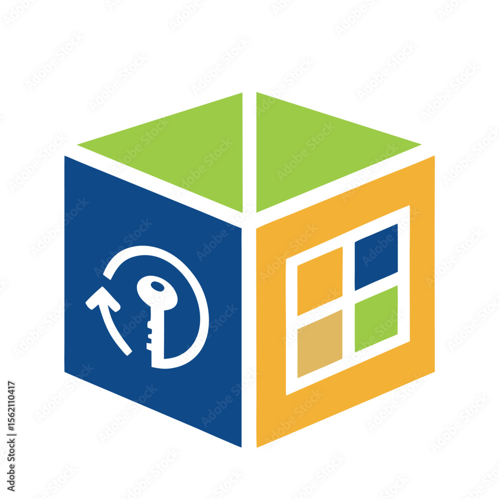 Poster geometric cube with key and window elements blue
