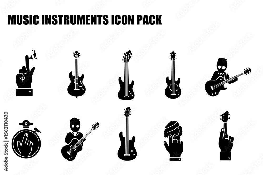 Poster music instruments icon pack showing various actions and instruments. silhouettes of musical instrume