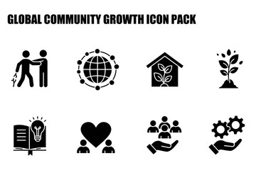 Global community growth icons for business/nonprofit use in various marketing materials. Simple, black and white illustrations of actions and concepts related to global growth.