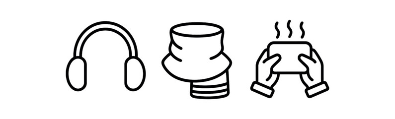 Winter essentials: headphones, scarf, hot drink icons on dark background vector icon isolated illustration