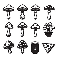 Vector art of a collection of various mushroom illustrations, including different types and a pot of mushrooms, isolated on white background