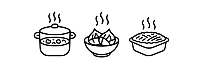 Simple black and white cooking icons: pot, bowl, dish vector icon isolated illustration