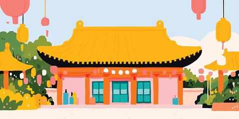 A vibrant illustration of a traditional building with intricate architectural details and ornate embellishments, a symbol of cultural heritage.