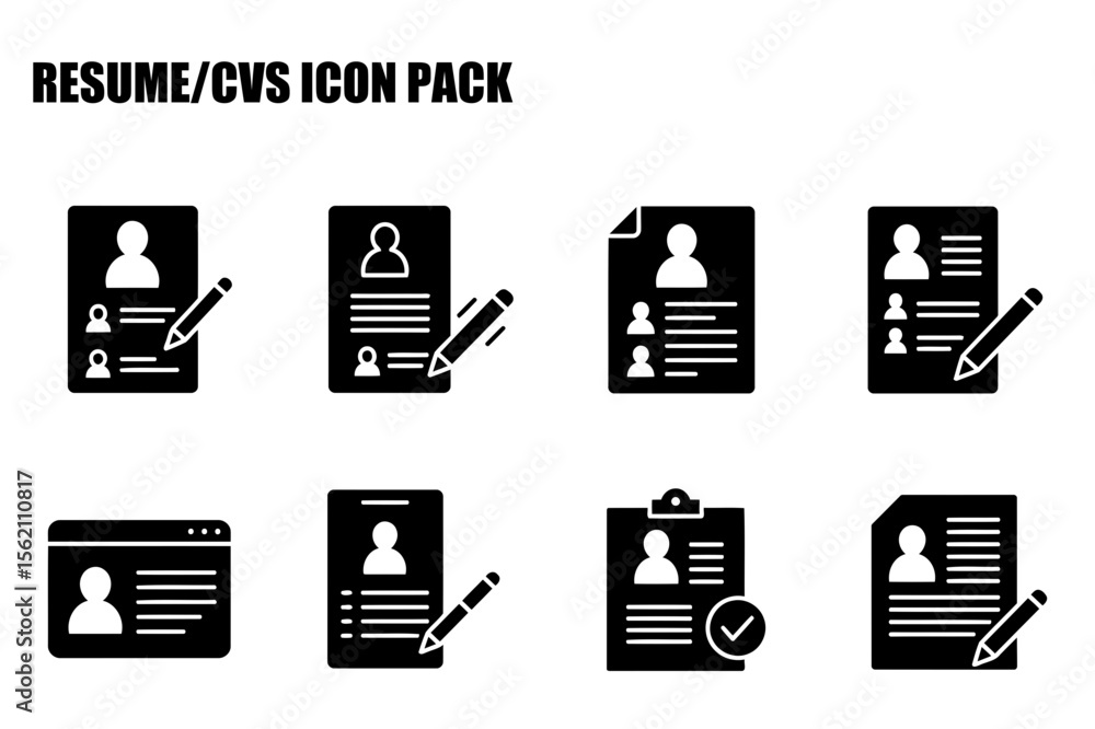 Poster resume/cv icon pack depicting various stages of creation and submission. different formats of resume