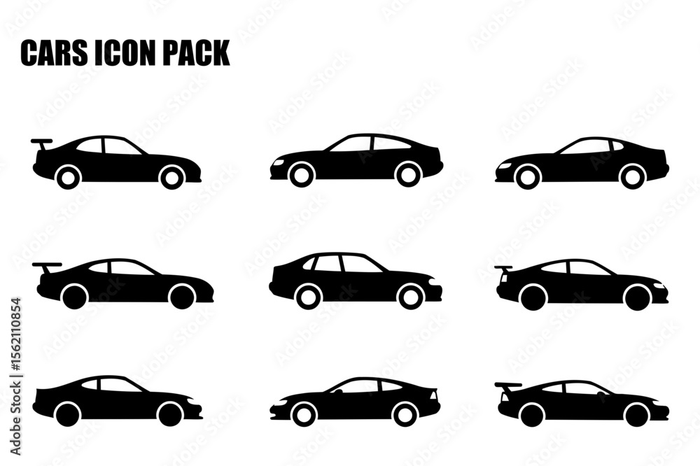 Poster car icons in various styles with a simple design. collection of silhouettes of different car models 