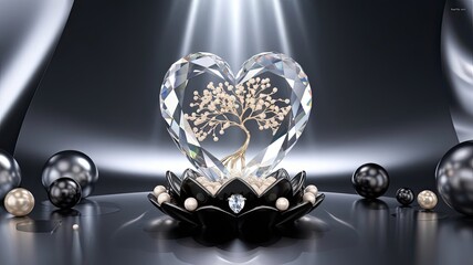 Crystal heart sculpture with tree design on black background  