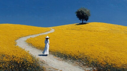 Solitary Journey of a Women Through a Golden Field - Impasto Painting