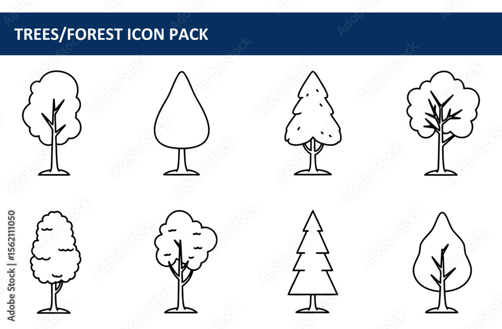 Aufkleber forest tree icons in various shapes/designs. simple line art illustration of different tree types. n