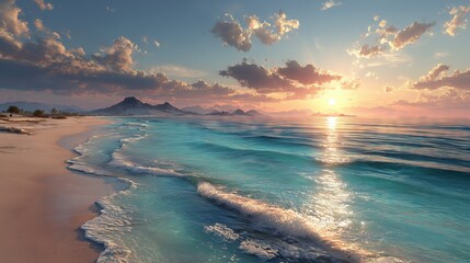 Breathtaking Sunset Waves on a Sandy Beach