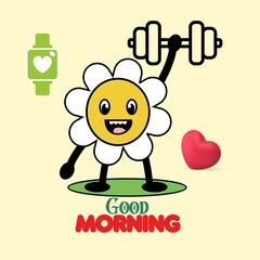 Good Morning Illustration Vector with Cartoon Sunflower Mascot Dumbbell Heart and Smartwatch. Cute Motivational Fitness Icon Banner Template. Fitness Mascot, Cool, Equipment, Strength, Holding, Sign 