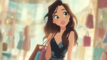 Cheerful Cartoon Woman on a Shopping Spree