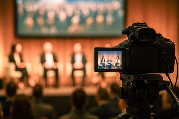 Behind-the-Scenes of a Seminar with Camera Focused on Panel Discussion