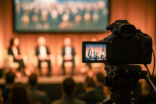 Behind-the-Scenes of a Seminar with Camera Focused on Panel Discussion