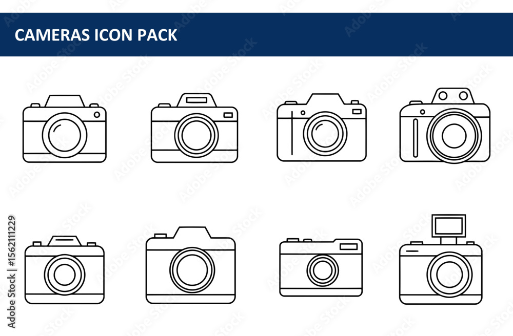 Poster line art icons of various camera models displayed in a grid. simple camera designs in outline format
