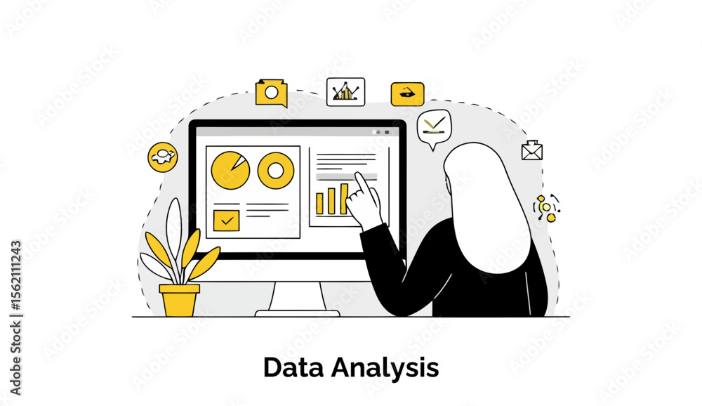 Poster female data analyst in hijab reviewing data on a computer monitor in a professional office setting. 