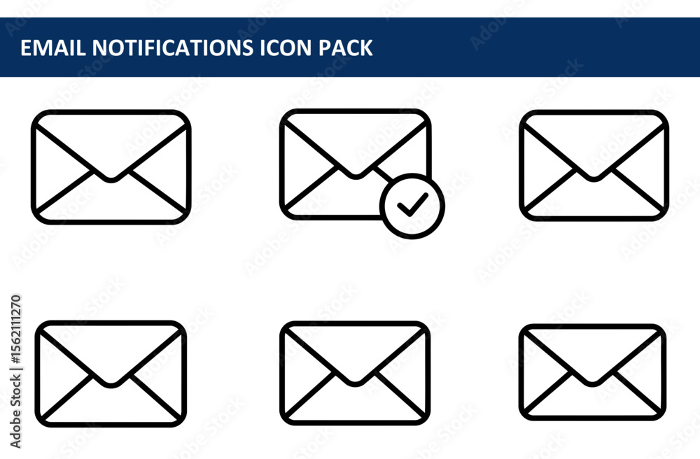 Aufkleber email notification icons in a set for a digital interface. simple, black line icons of email envelop