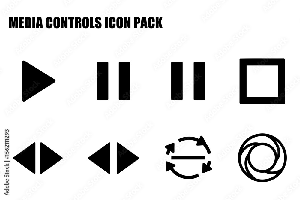 Poster media controls icons in a simple, clean design. set of fundamental media controls for playback and n