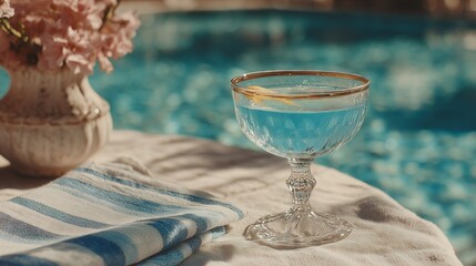 Elegant Glass of Blue Cocktail by a Sunlit Poolside
