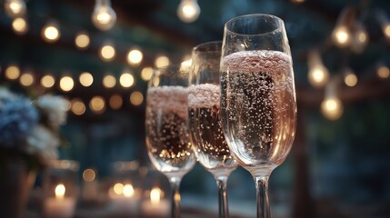 Elegant Champagne Glasses Under Festive Lights at a Celebratory Event