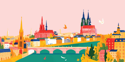 A vibrant illustration of a cityscape, evoking a sense of place and cultural richness. featuring colorful buildings, elegant bridges, and towering spires, against a soft and inviting background.
