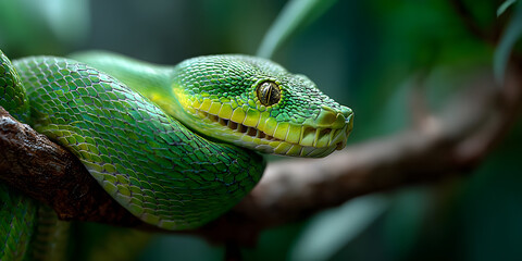 Fototapeta premium Close-up view of a vibrant green snake resting on a branch surrounded by lush foliage in a tropical environment during the day