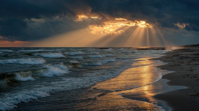 Dramatic Sunbeams Over a Stormy Sea - Powered by Adobe