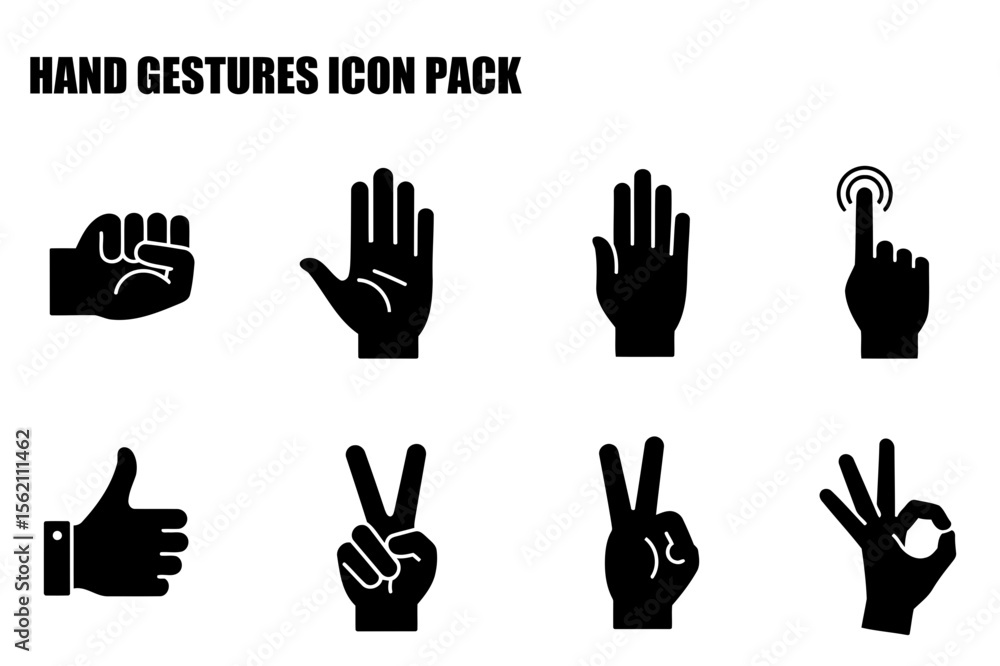 Poster hand gestures icon pack showing various hand positions. collection of hand signals in a graphic desi