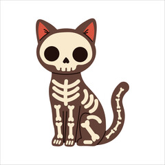 Cartoon skeleton cat illustration with exposed bones and skull face, perfect for Halloween projects, spooky decorations, themed designs, and playful horror elements.