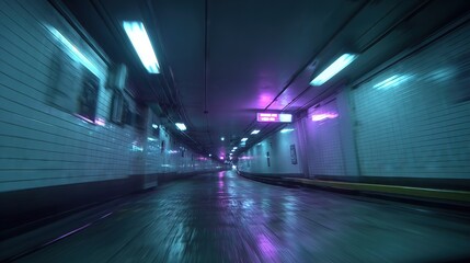 Illuminated Underground Tunnel with Neon Lights Reflecting on Wet Floor
