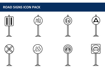 Line art icons of road symbols for maps, guides, infographics, or driving-related materials.