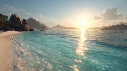 Golden Sunrise Over a Tranquil Tropical Shore