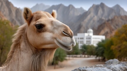 Fototapeta premium A serene Omani camel is featured in the foreground with Al Ayn mountains and houses illuminated by sunset in the background