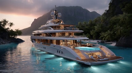 Opulent Superyacht in a Tropical Paradise at Dusk