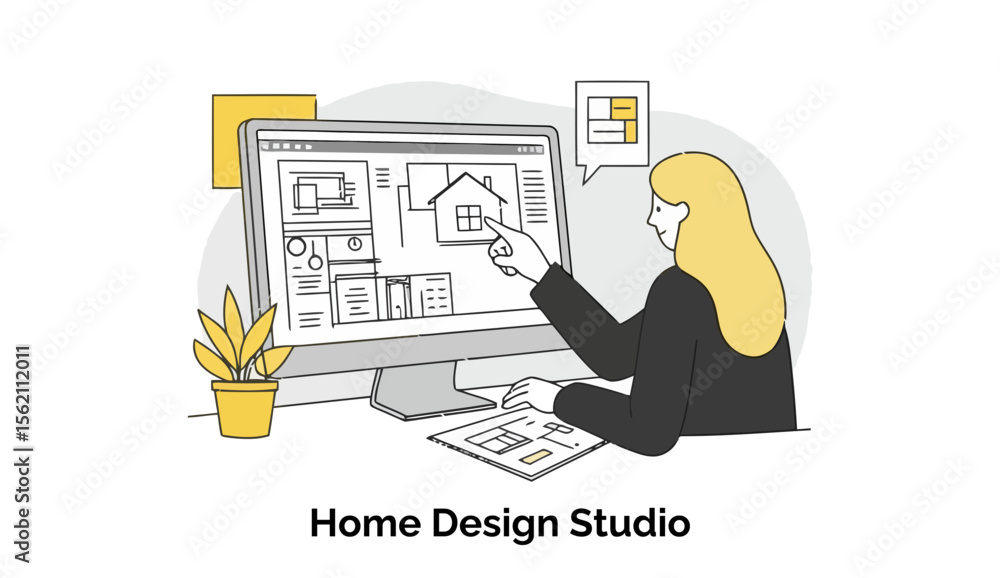 Poster female home designer in business attire pointing at a home design on a computer screen in a home des