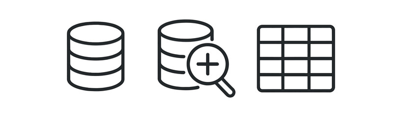 Database icon set with storage, search, and table symbols vector icon isolated illustration