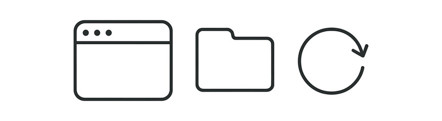 Minimalist icons of a browser, folder, and refresh symbol on gray background vector icon isolated illustration