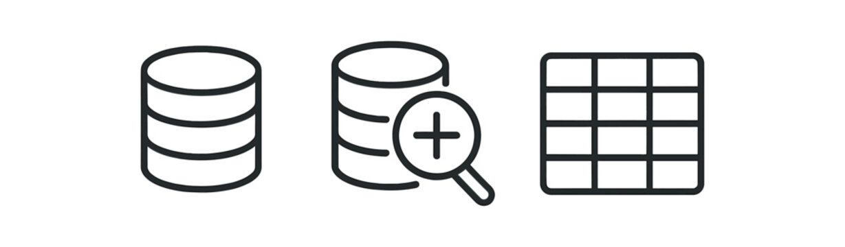 Database icon set with storage, search, and table symbols vector icon isolated illustration