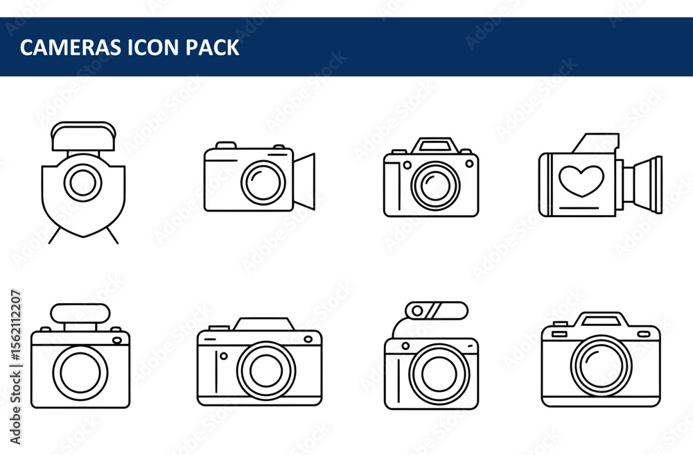 Poster line art collection of various camera types in a general setting. simple, modern representations of 